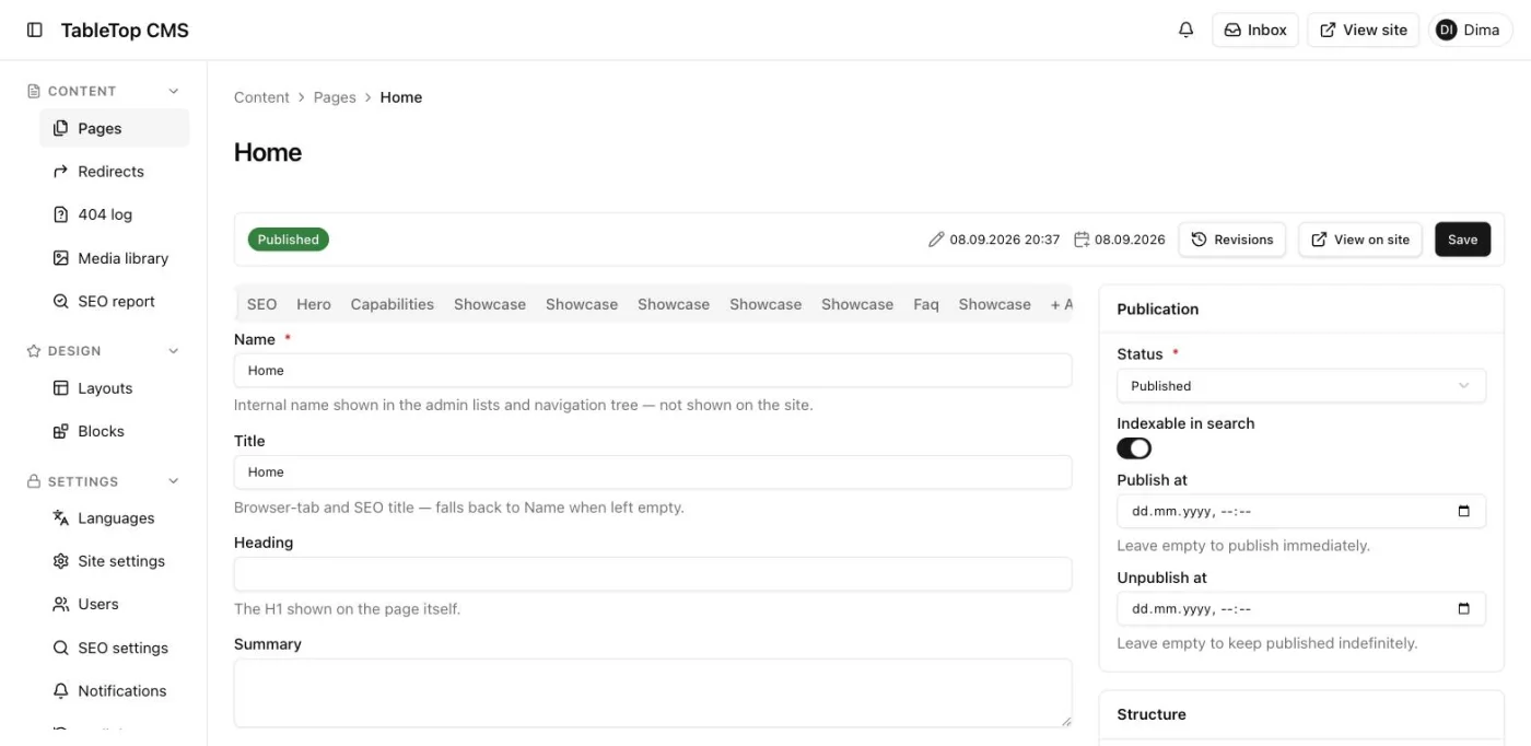 The Tabletop admin: a page editor with block tabs, an SEO tab and a publication panel with schedule fields