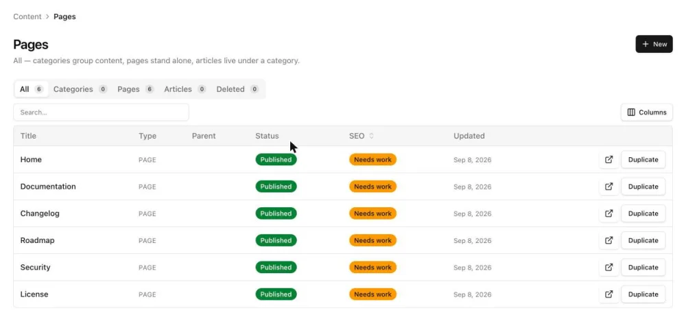 The pages list: title, type, status and SEO badges, with filter tabs above